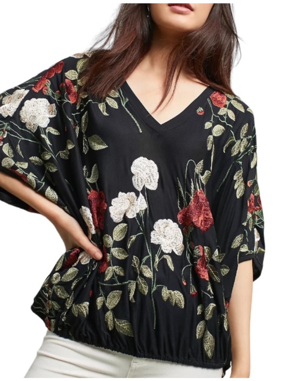 Akemi + Kin Allora black floral embroidered top